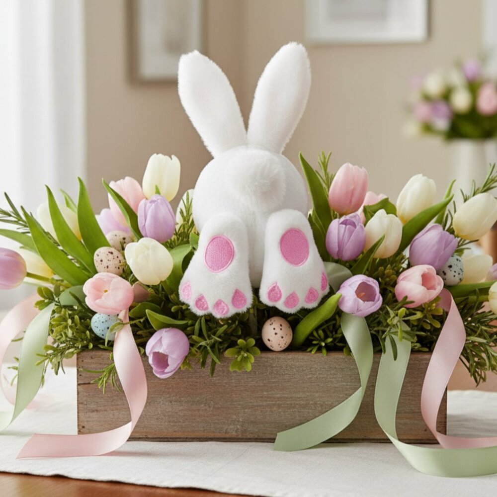 5.5" Bunny Butt Floral Pick – White & Pink Easter Decoration